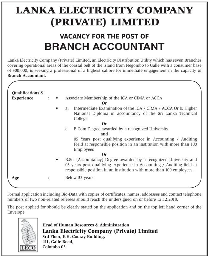 Branch Accountant - Lanka Electricity Company (Private) Limited